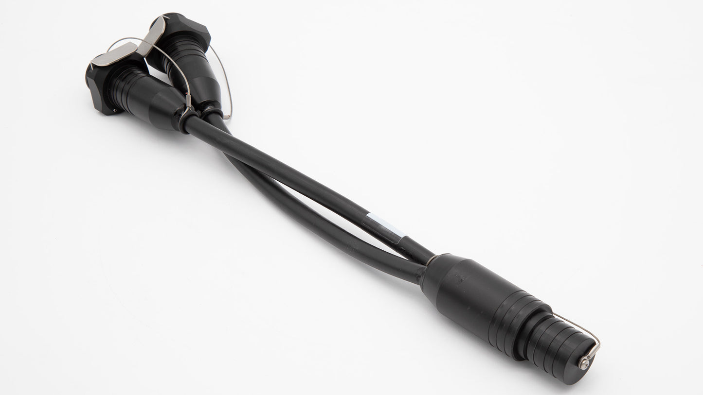 A black cable with plug terminating with two connectors, showcasing a simple yet functional design for connectivity.