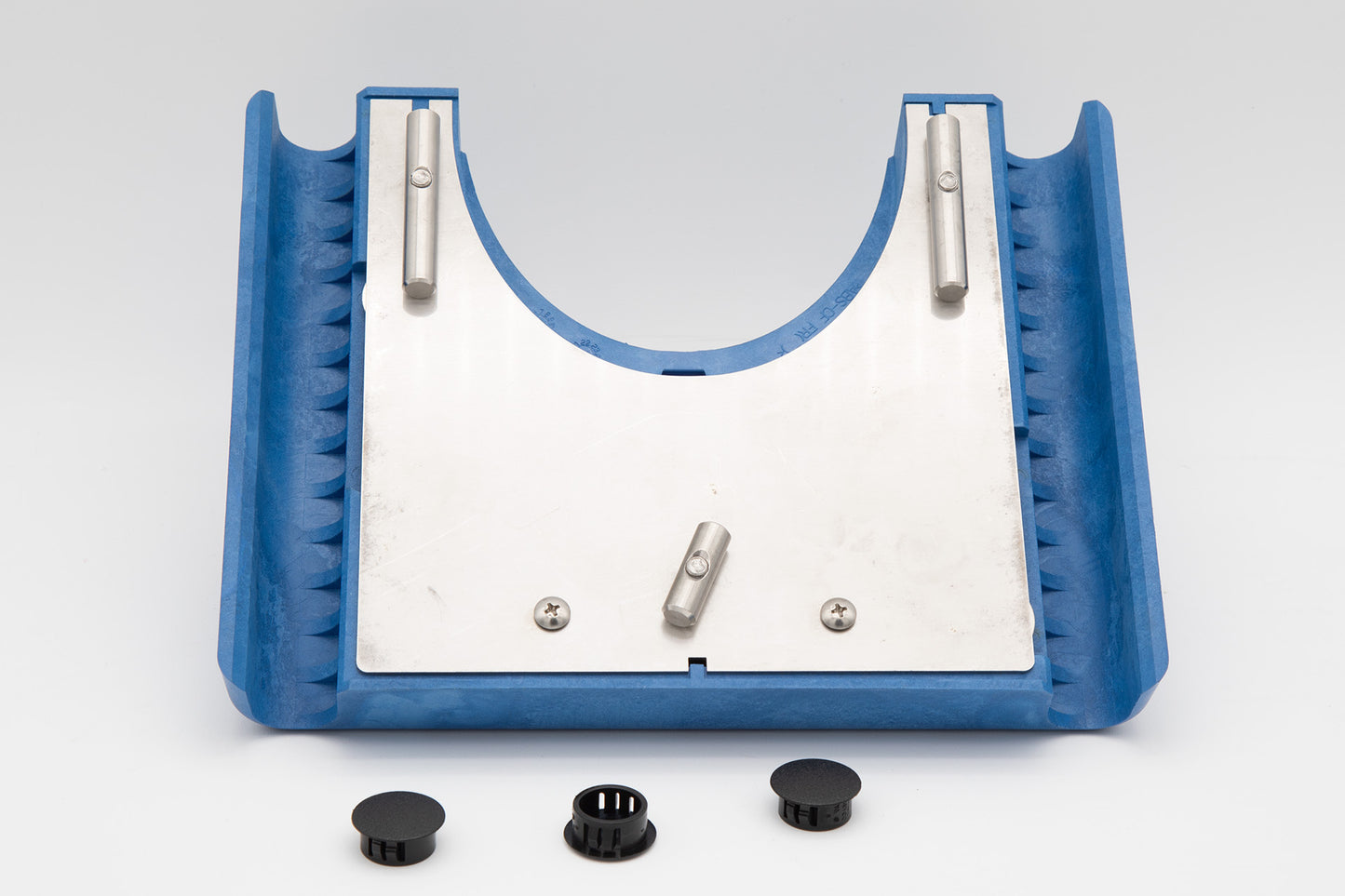 A blue plastic box featuring a sturdy metal handle, suitable for storage and transport.