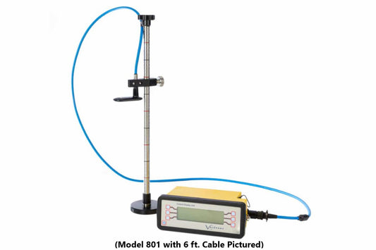 A digital meter featuring a connected hose, used for monitoring fluid levels or pressure readings.  Text reads "Model 801 with 6 ft. cable pictured)