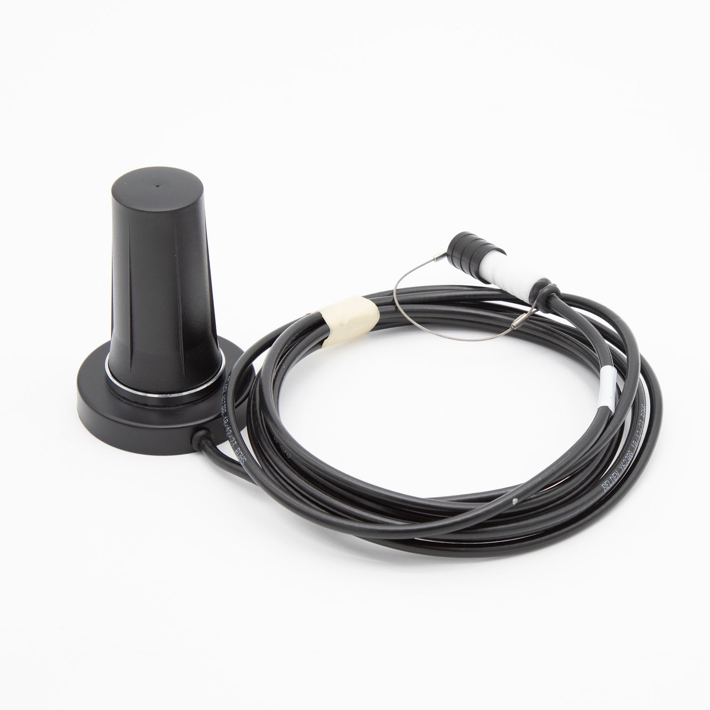 A black cord and a black antenna positioned against a clean white background, showcasing their sleek design.