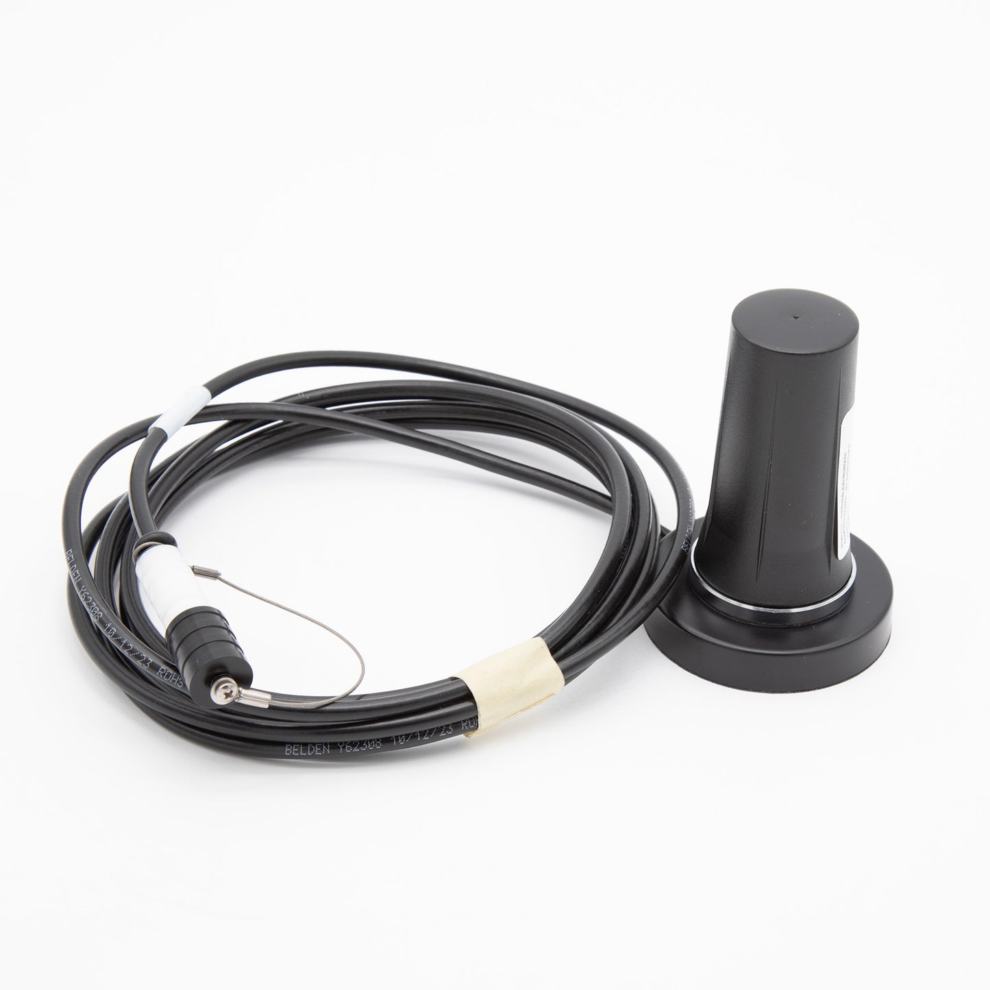 A black cord and a black antenna positioned against a clean white background, showcasing their sleek design.