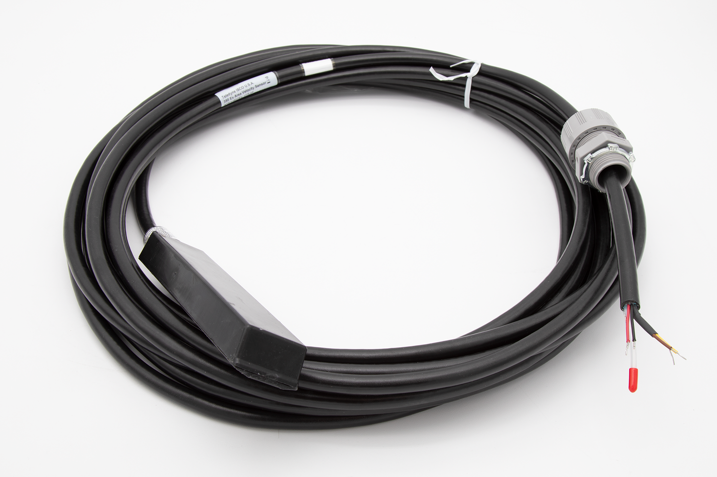 A black cable with a sensor,  plug and two wires, representing a basic electrical component for connections.