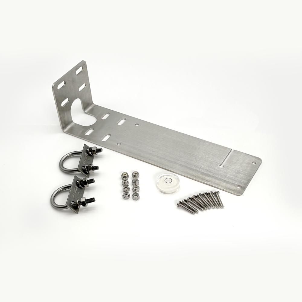 Metal bracket with screws and washers on a white background