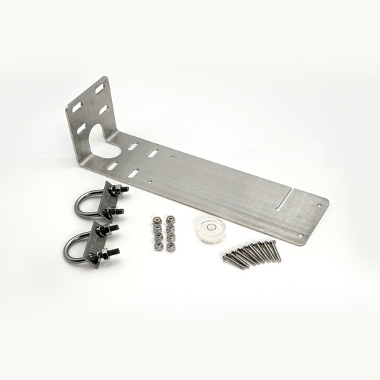 Metal bracket with screws and washers on a white background