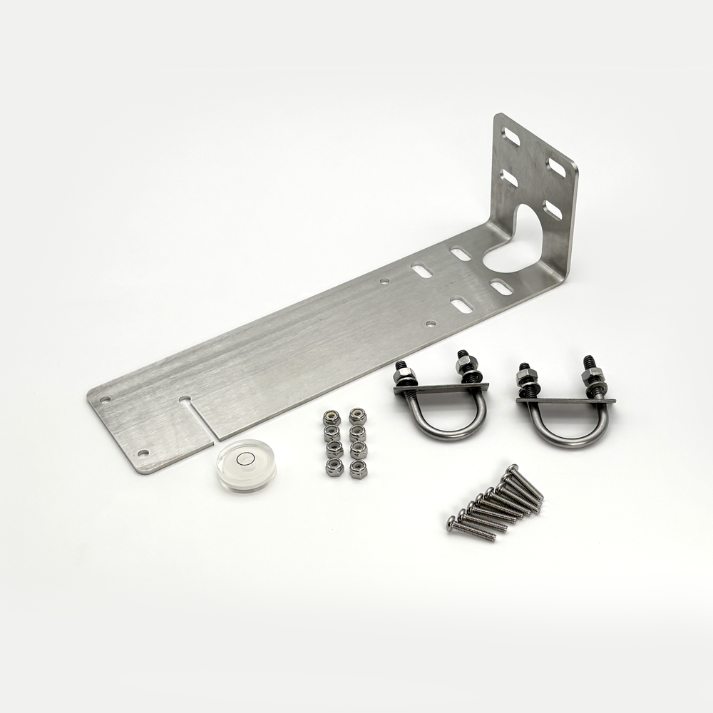 Metal bracket with screws and washers on a white background