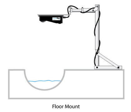 Diagram of a floor mount system with a sensor and arm on a white background.