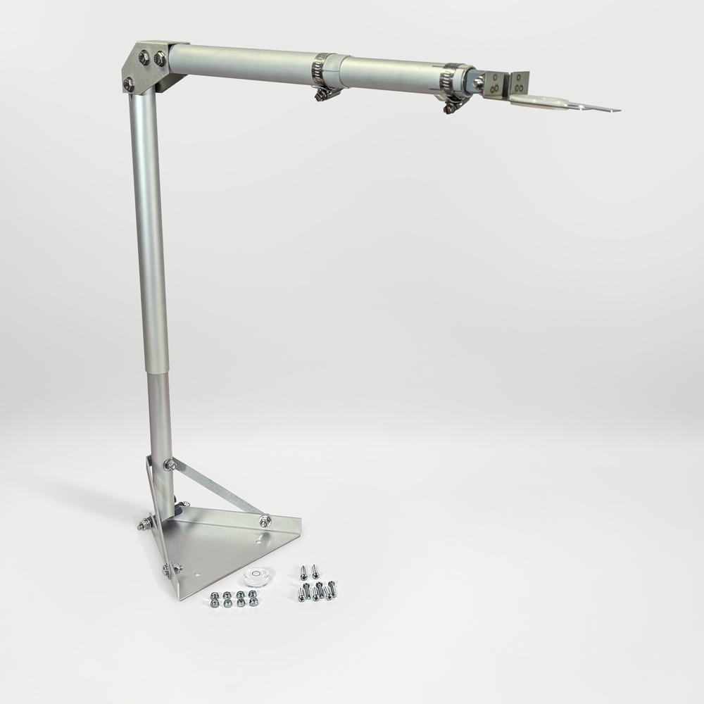 Metal arm assembly with components on a white background