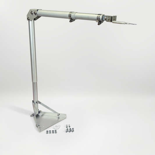 Metal arm assembly with components on a white background