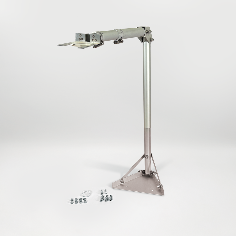Metal stand with adjustable arm on a white background