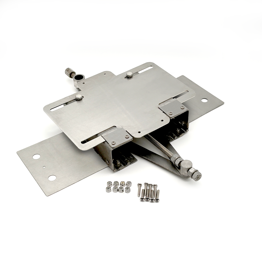 Metal bracket assembly with screws on a white background