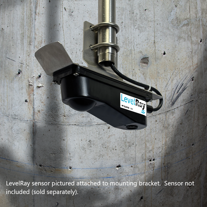 LevelRay sensor attached to a mounting bracket next to a concrete wall.