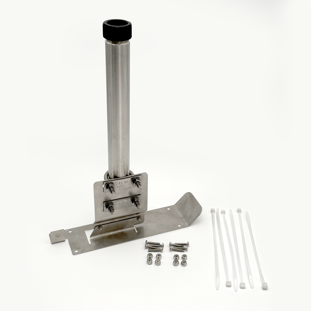 Metal bracket with mounting hardware on a white background