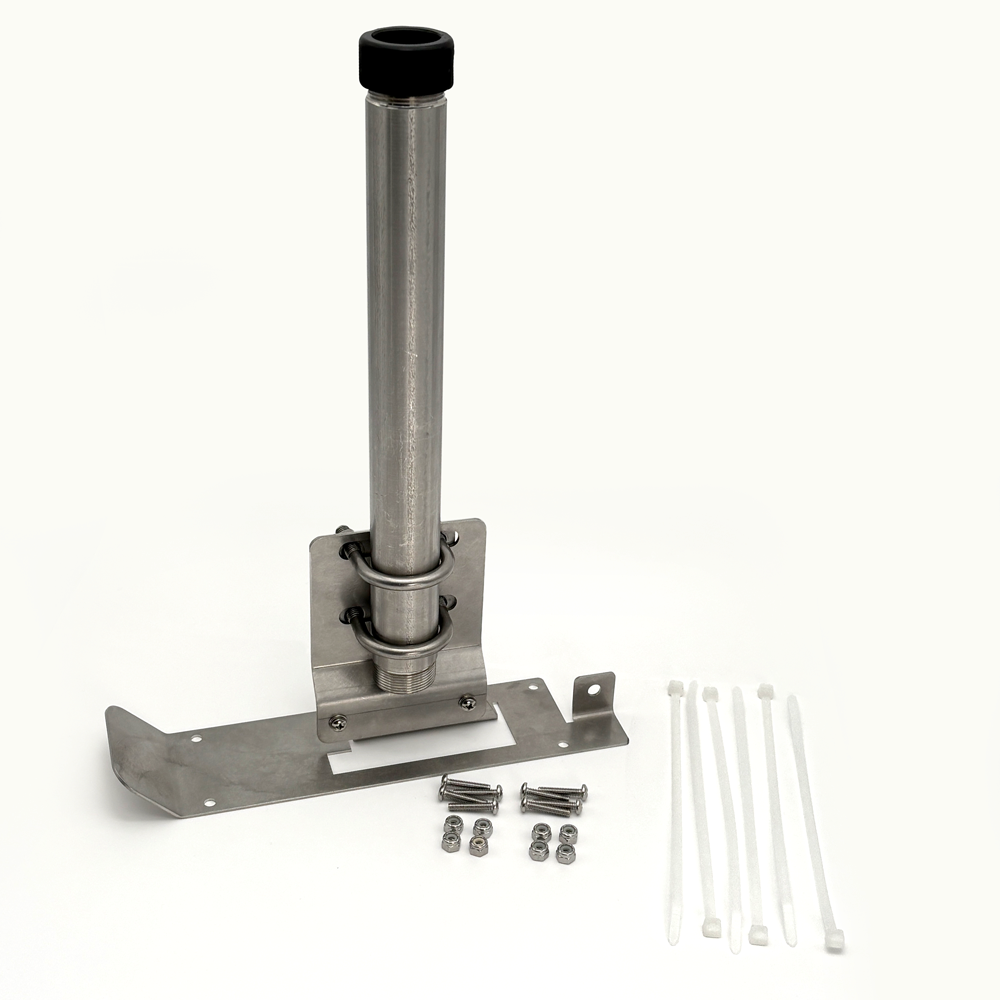 Metal rod with mounting bracket and hardware on a white background