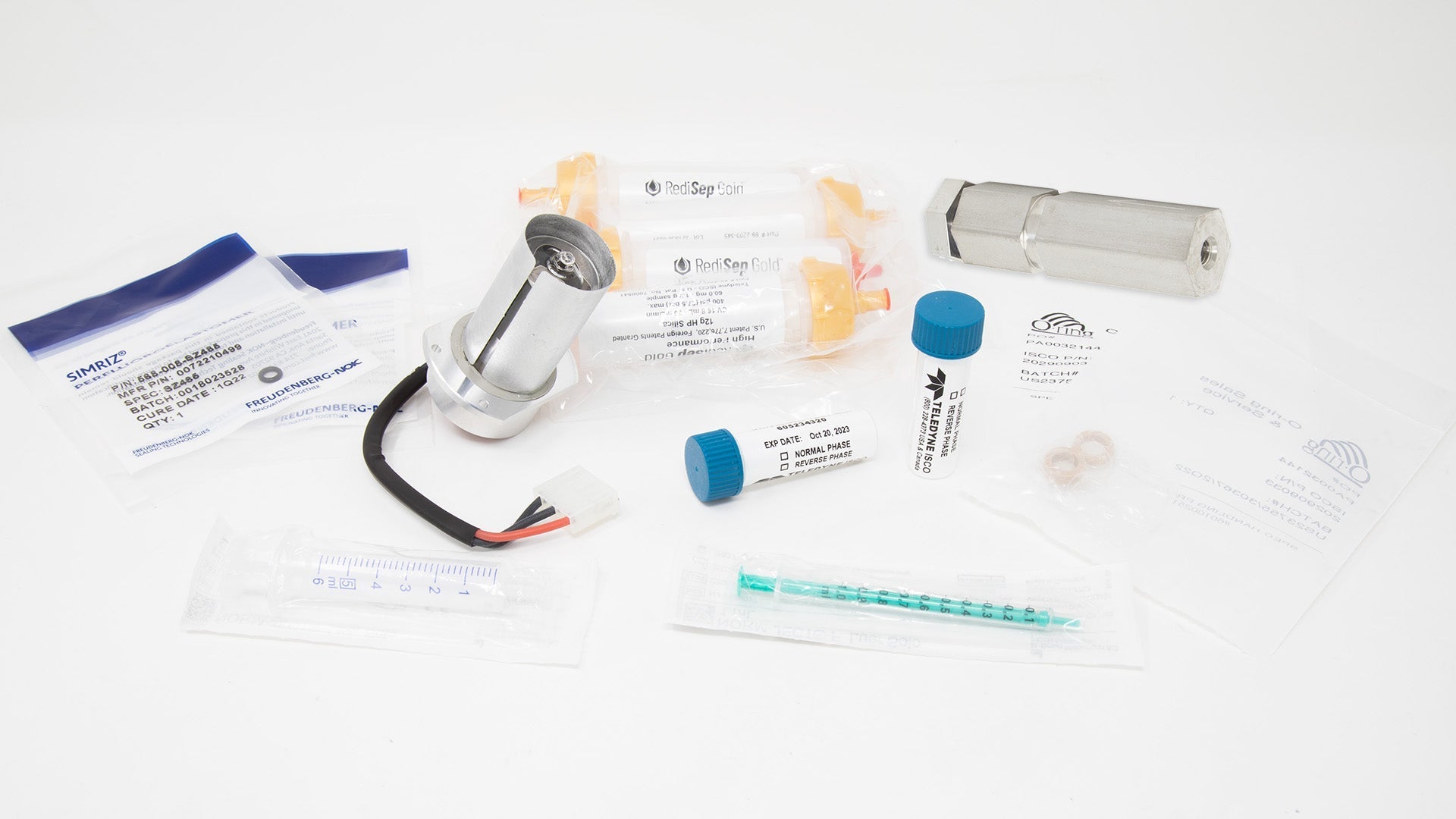 A comprehensive kit containing a tube, syringe, and additional supplies, designed for laboratory use.

