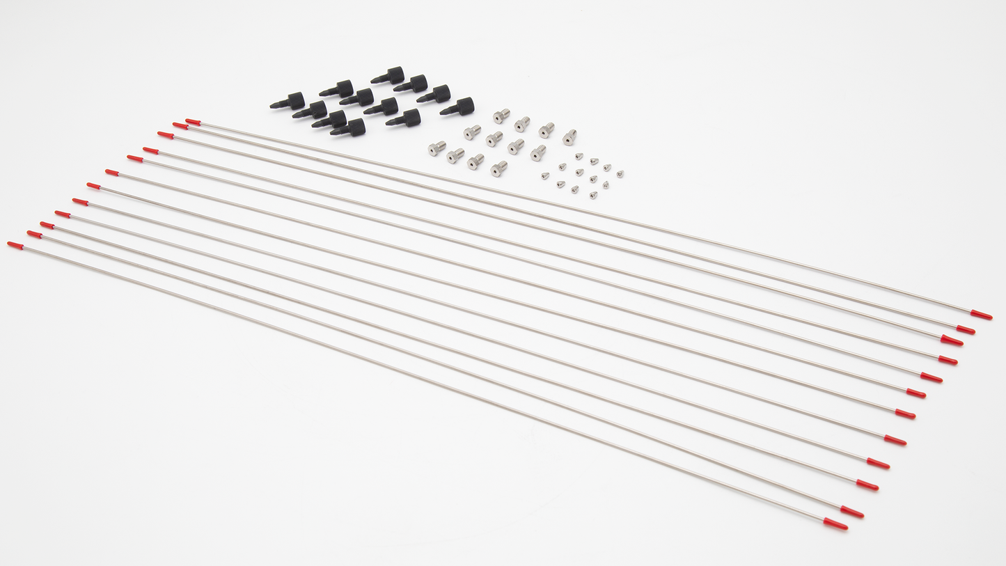 A collection of metal tubes and screws arranged neatly on a white surface, showcasing their industrial design and materials.
