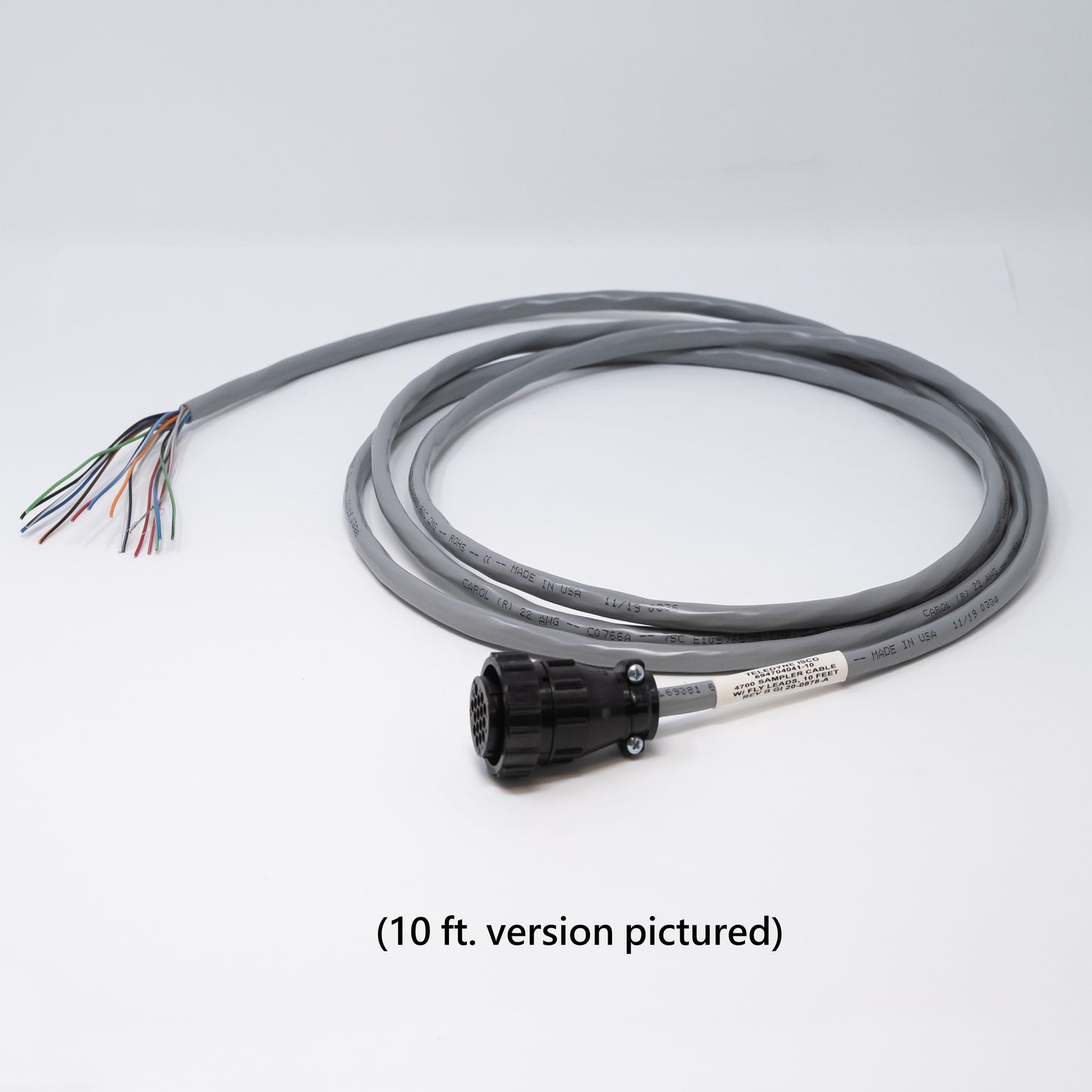 Grey cable with black connector and bare leads.  Text reads 10 ft. version pictured.