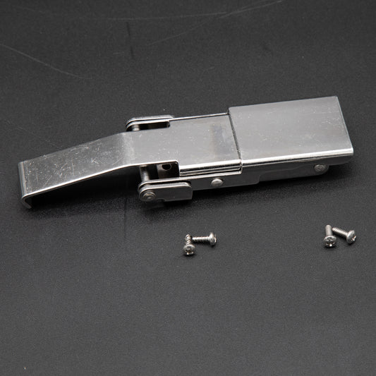 A metal latch with screws