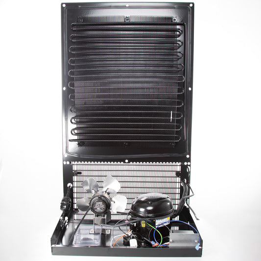 Rectangular black refrigeration unit with condenser coils, fan and compressor.