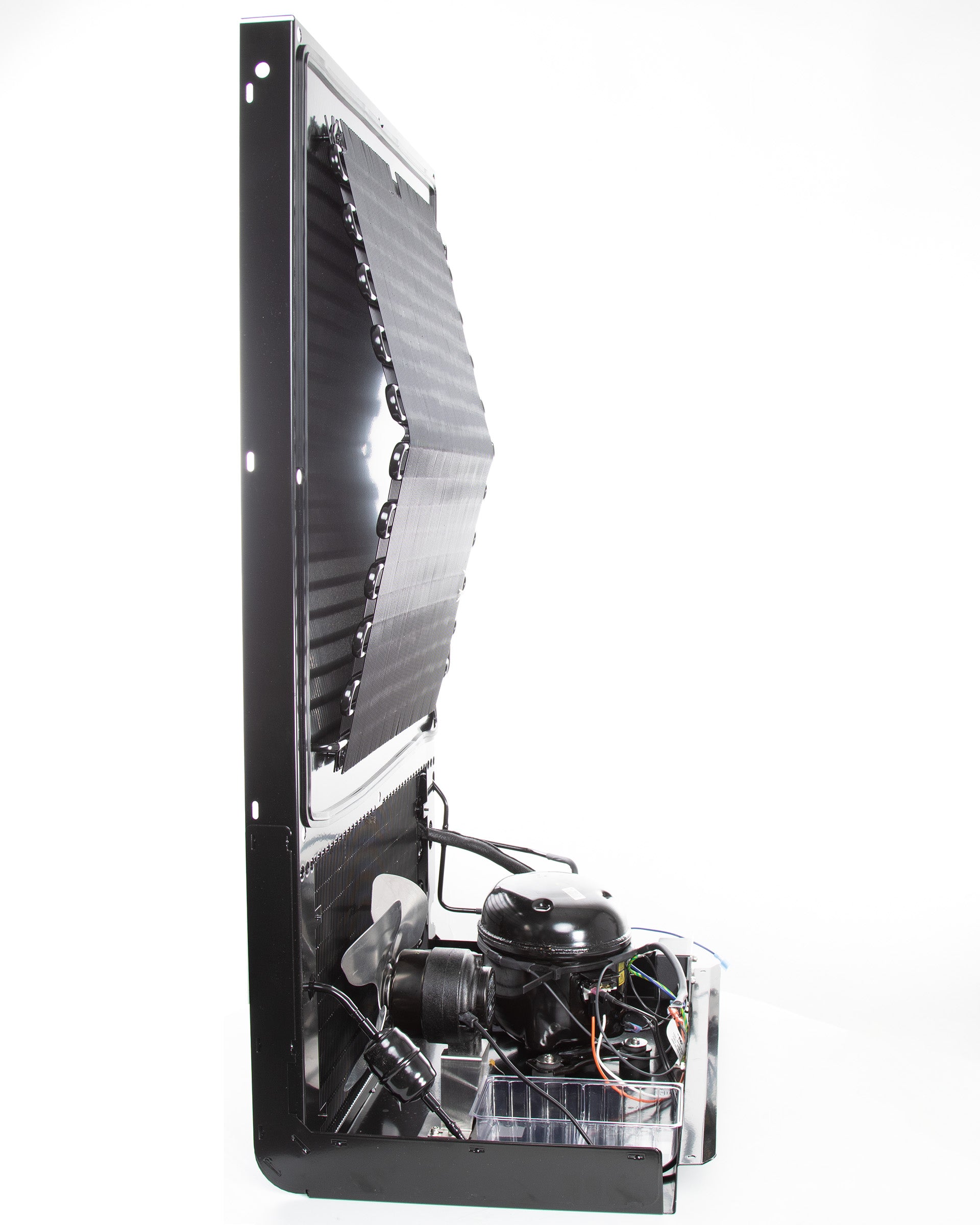 Rectangular black refrigeration unit with condenser coils, fan and compressor.