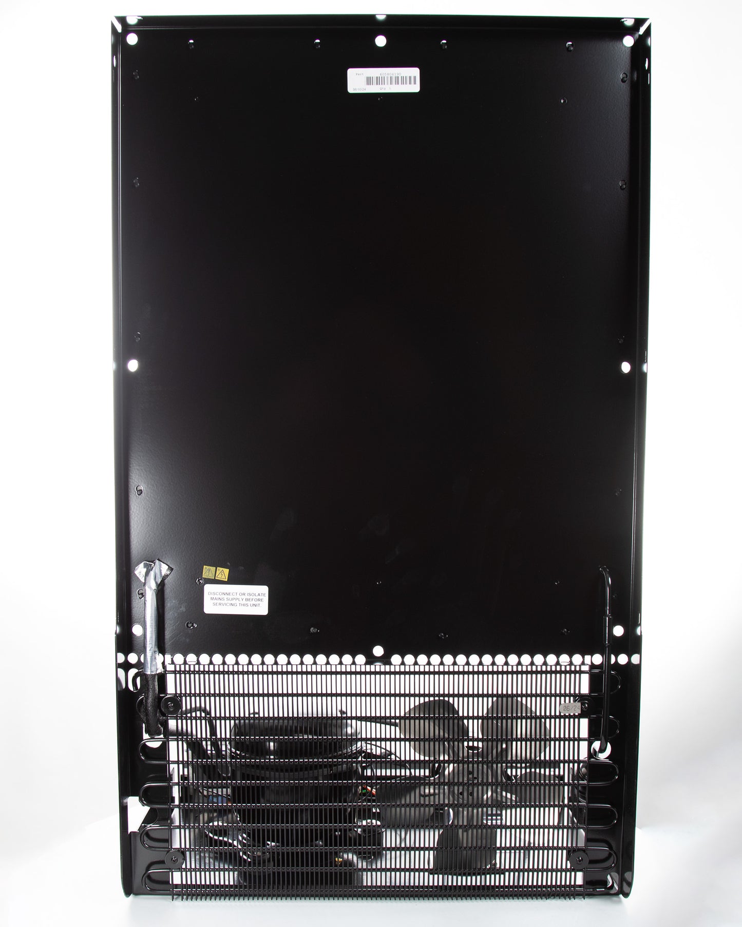 Rectangular black refrigeration unit with condenser coils, fan and compressor.