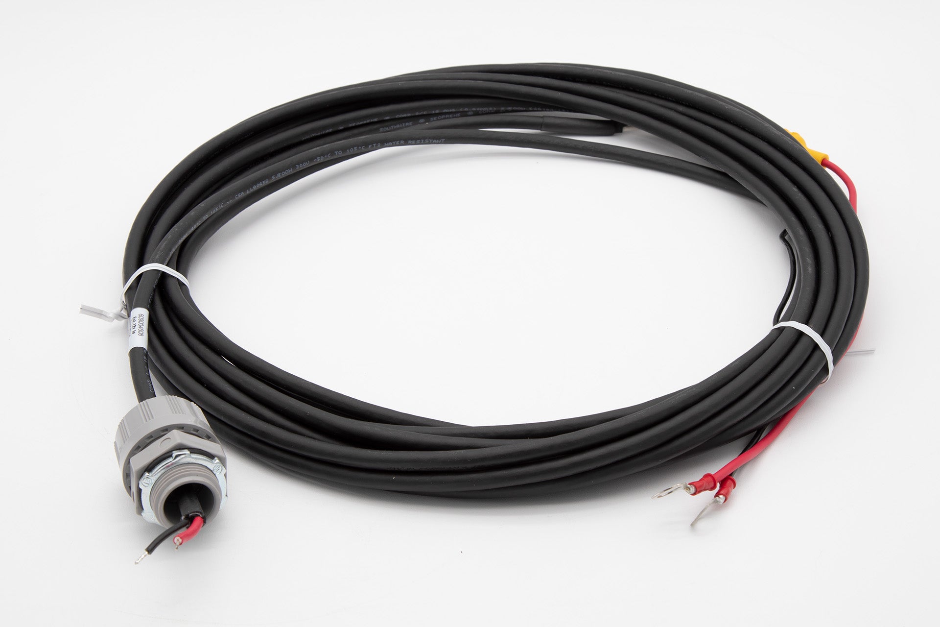 A black cable featuring yellow and red wires, showcasing a simple yet functional design for electrical connections.