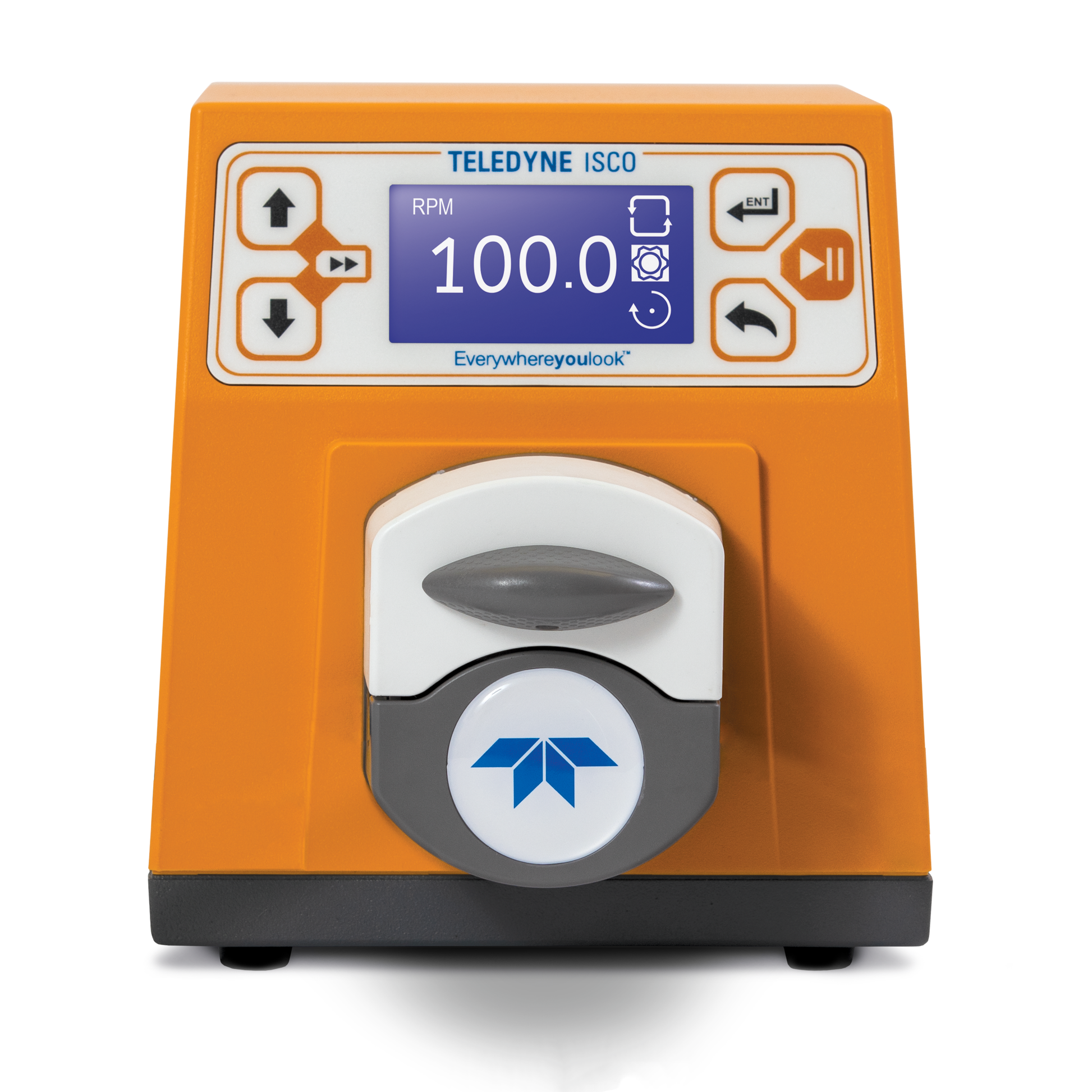Orange laboratory equipment with digital display and control panel on a white background