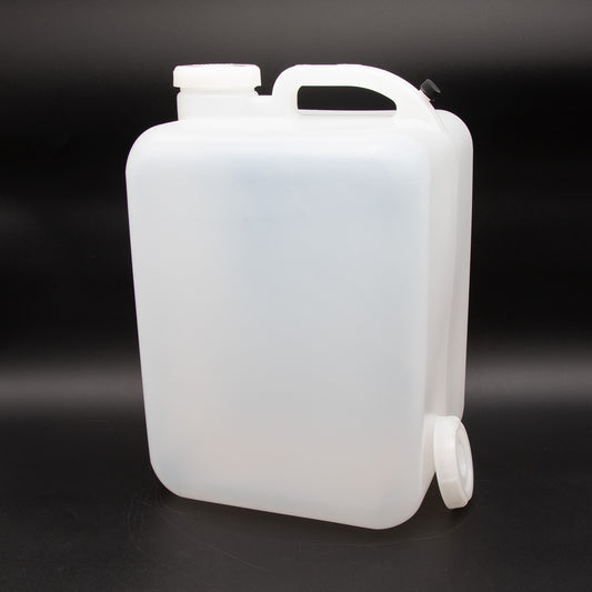 A plastic container with caps, positioned against a solid black background, highlighting its shape and texture.
