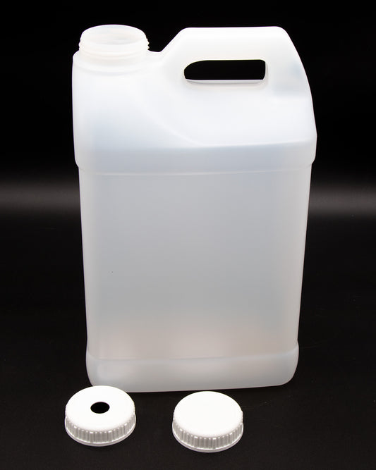 A white plastic jug with two white caps