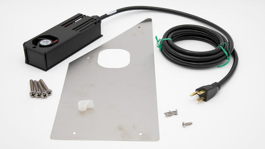 A black electrical device with cable and plate and screws