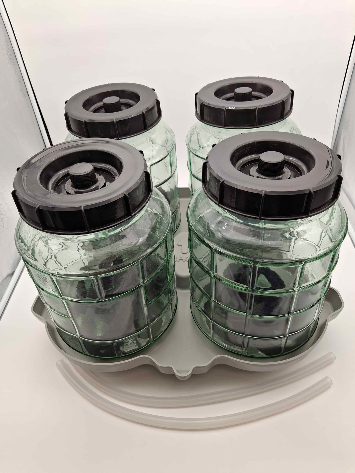 Four clear glass herb jars with green tinted sides and black screw-on lids, arranged in a two-by-two grid on a white plastic tray with two clear tubes.
