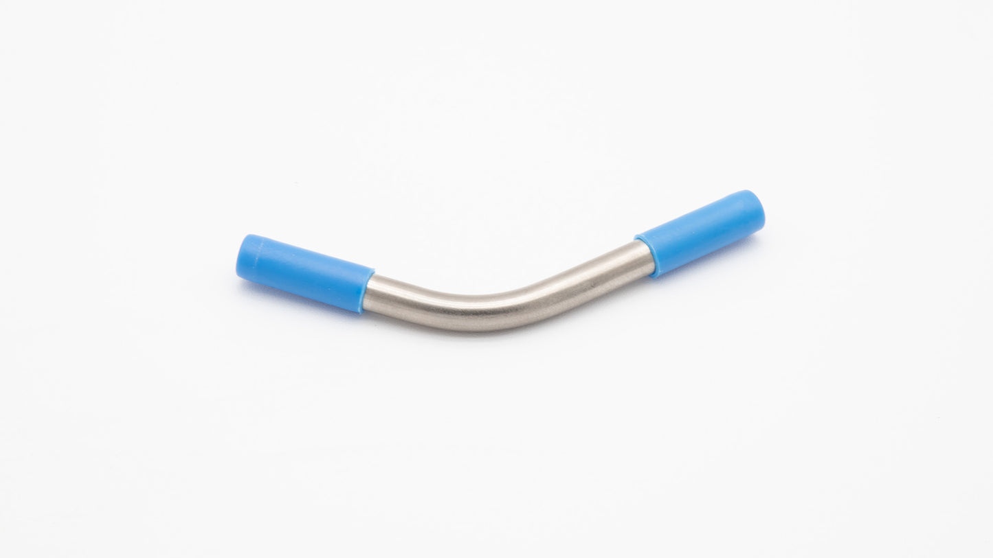 A curved metal tube with blue caps