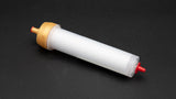 Cylindrical shaped white tube with gold and red caps