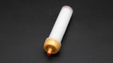 Cylindrical shaped white tube with gold and red caps