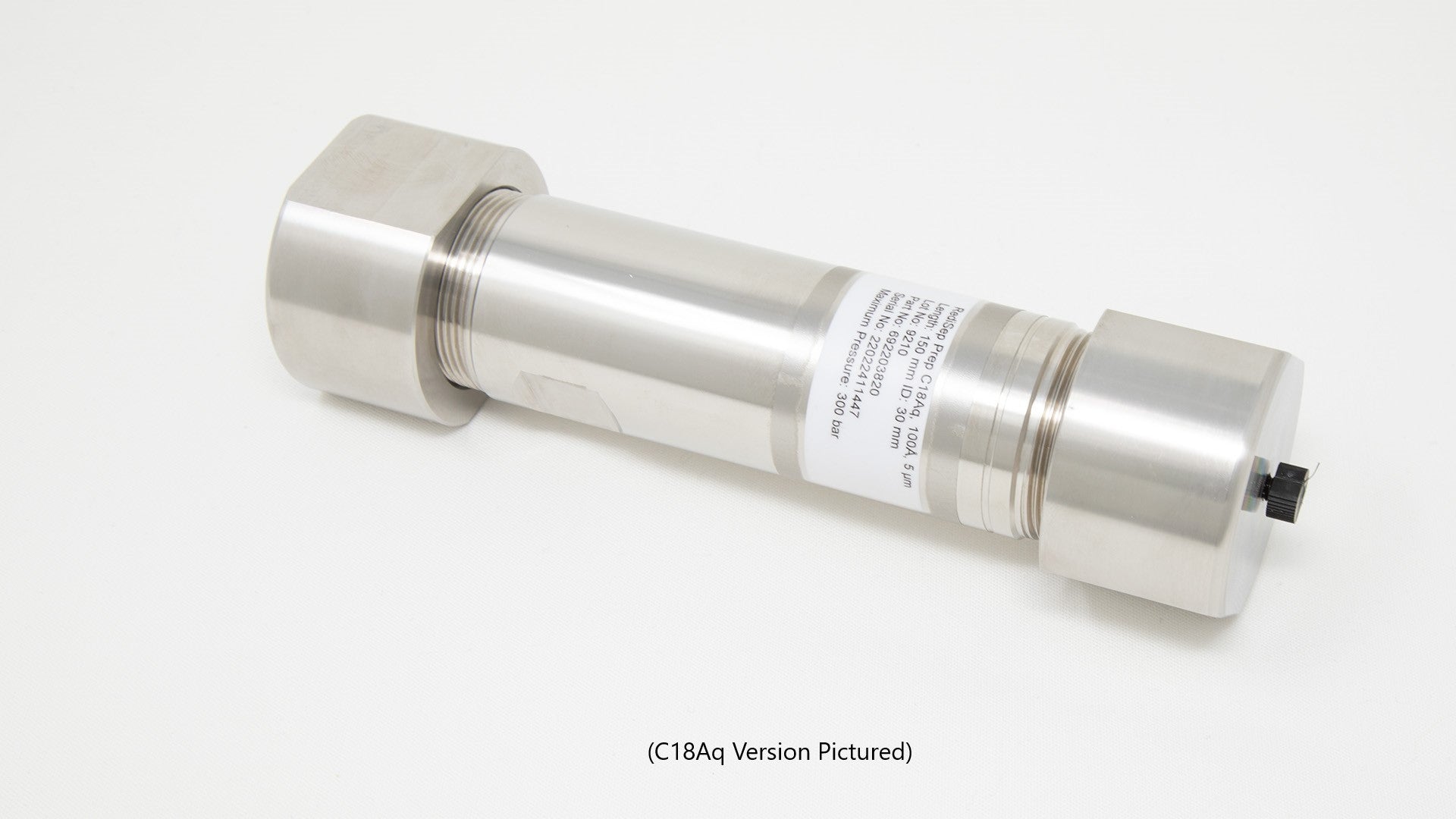 A close-up of a stainless steel cylinder featuring a threaded end, showcasing its smooth surface and metallic finish.