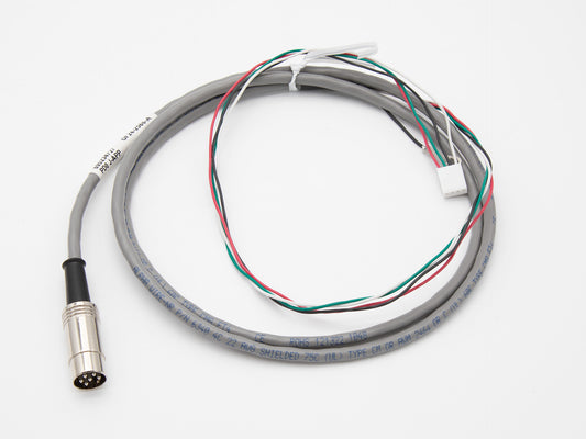 A cable featuring a connector and exposed wires, displayed against a clean white background.
