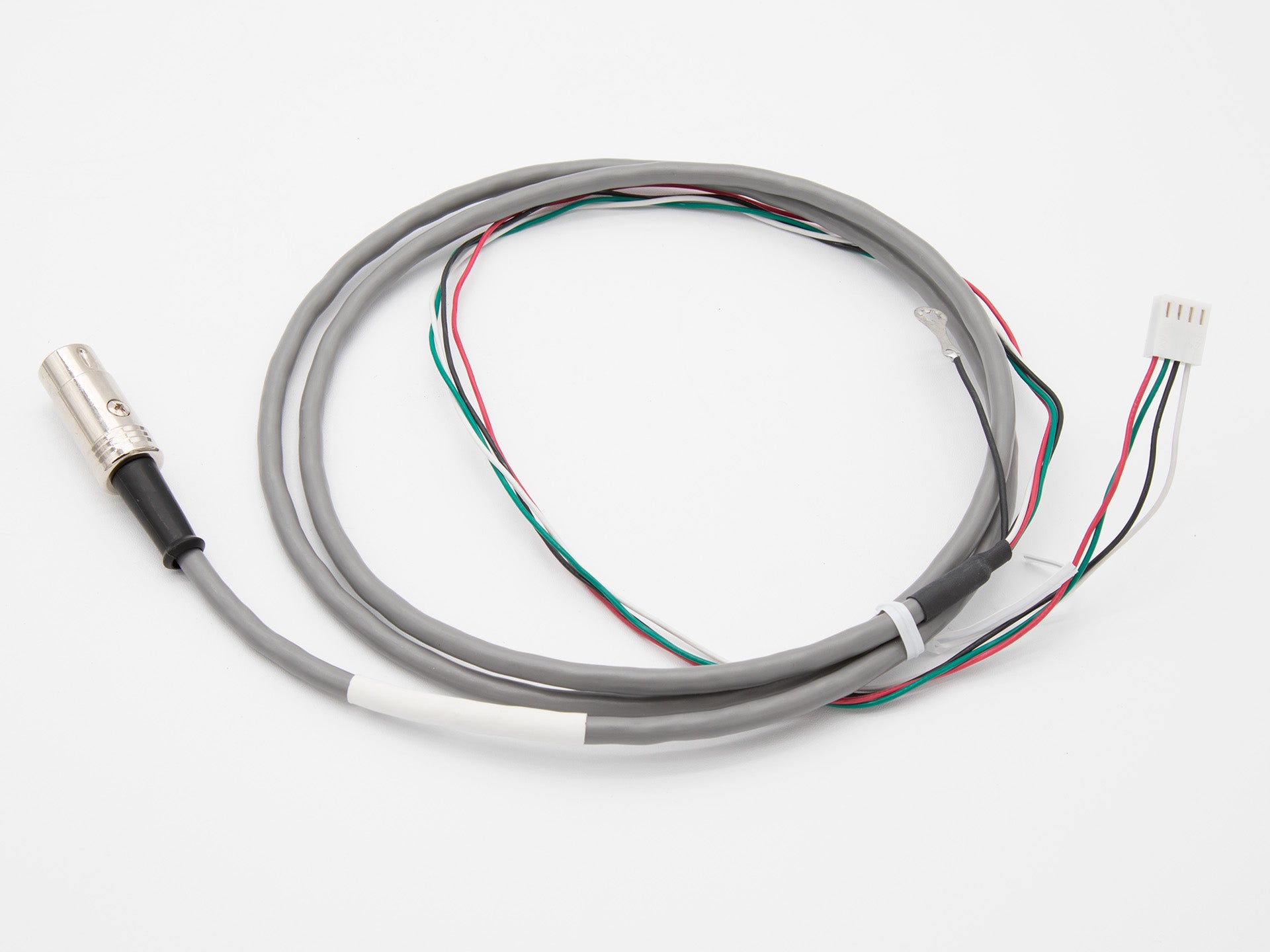 A cable featuring a connector and exposed wires, displayed against a clean white background.
