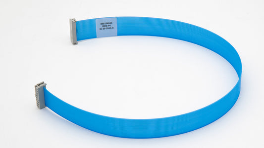 A blue ribbon cable featuring a silver clip, commonly used for connecting electronic components.