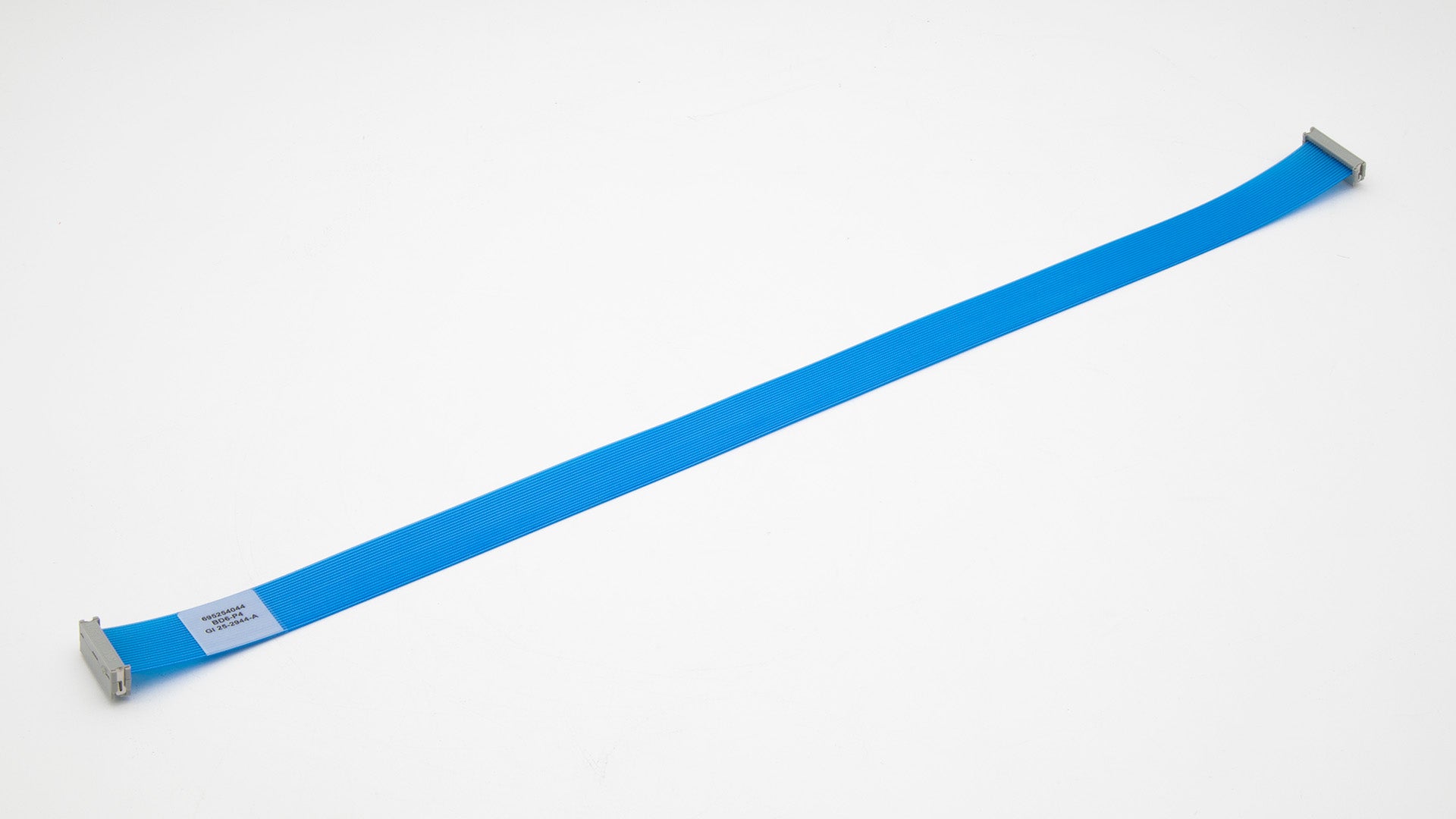 A blue ribbon cable featuring a silver clip, commonly used for connecting electronic components.