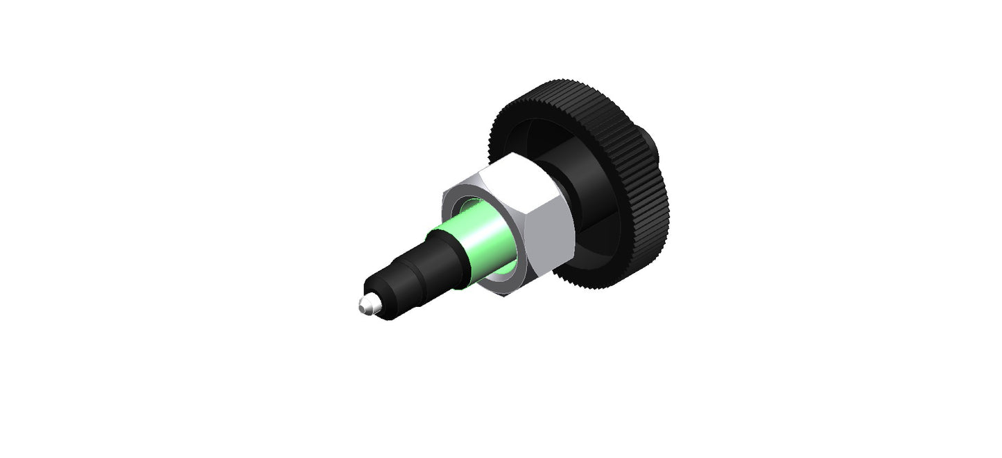 A black and green screw with a black knob