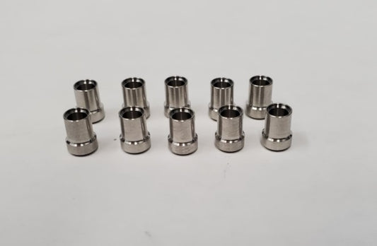 A collection of ten stainless steel cylindrical shaped ferrules arranged together on a neutral background.