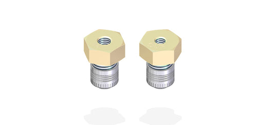 A pair of screws with a hexagon shaped nut