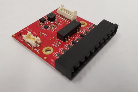 A red circuit board with black connectors