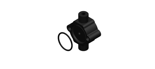 A black plastic object with a gasket
