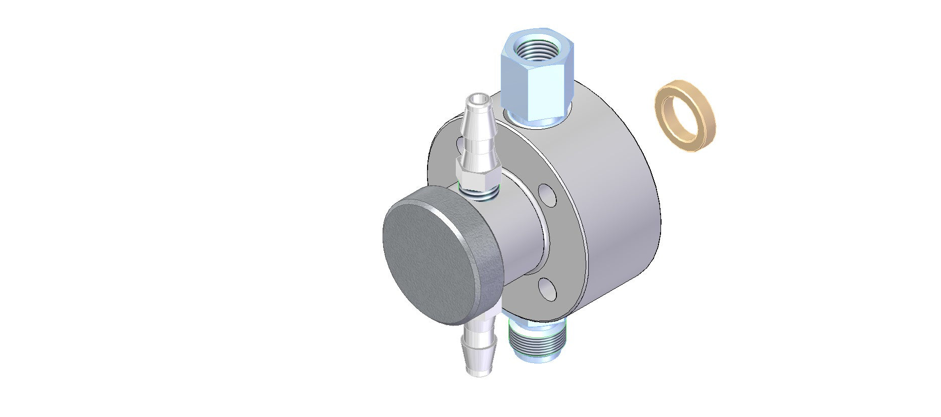 A 3D model of a metallic device featuring a prominent ring showcasing intricate design and engineering details.