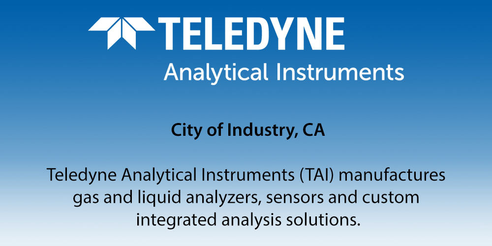 Teledyne Analytical Instruments logo on a blue background with text about their products.