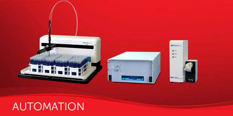 Laboratory automation equipment on a red background with 'AUTOMATION' text.