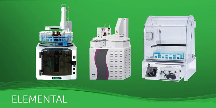 Three laboratory instruments on a green background with 'Elemental' branding.