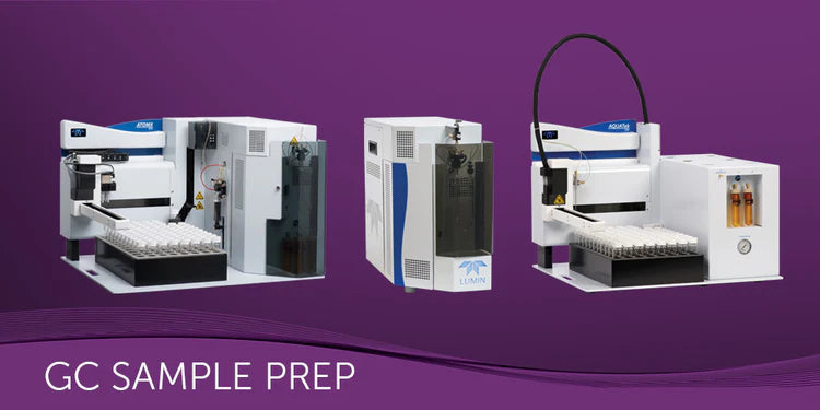 Three pieces of laboratory equipment on a purple background with 'GC Sample Prep' text.
