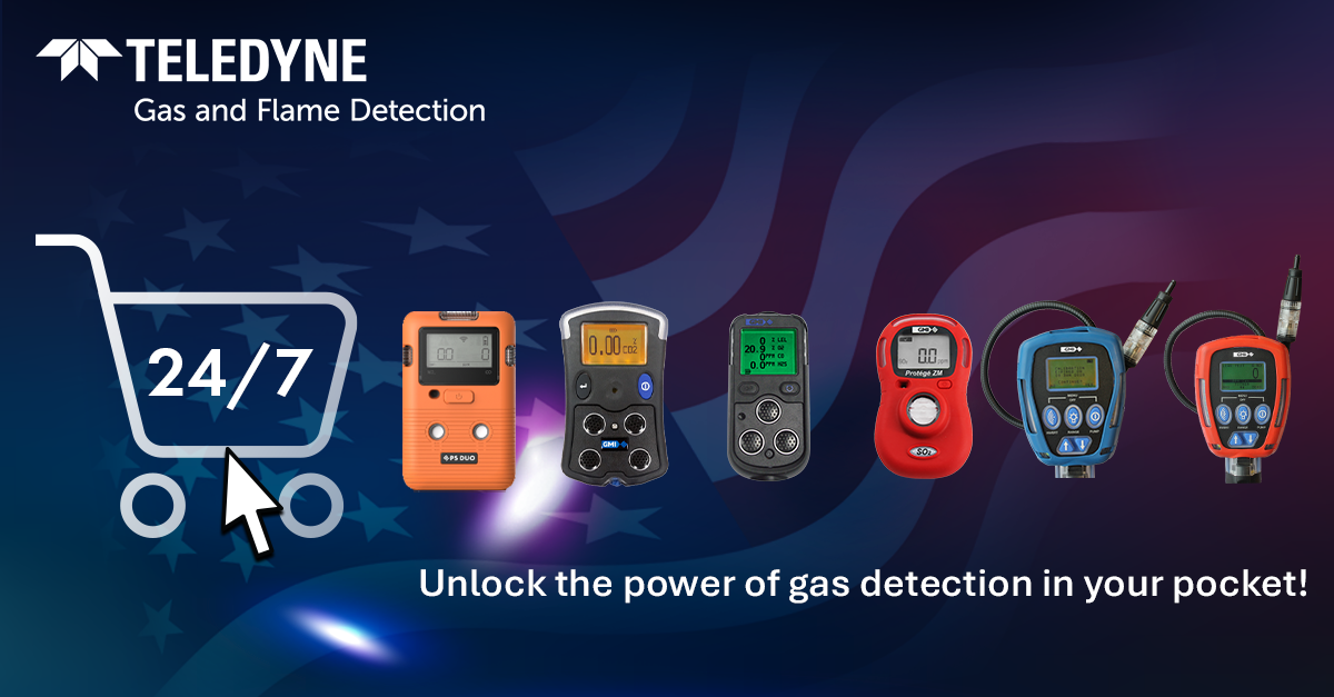 Teledyne gas detection devices with a shopping cart icon and '24/7' text on a blue and red background.