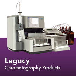 An analytical chromatography device with a monitor, sample holder, and brown bottles is displayed. Text reads: "Legacy Chromatography Products."